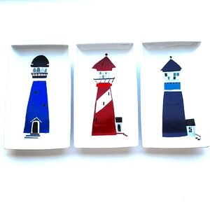 Crate&Barrel Set Of 3 Lighthouse Serving Porcelain Dishes Coastal Nautical
